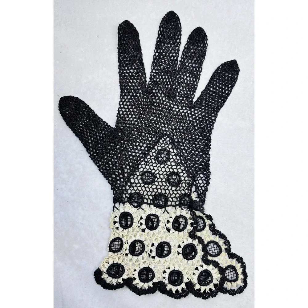 Antique Crocheted‎ Lace Gloves Two Tone Brown Cream Edwardian Small